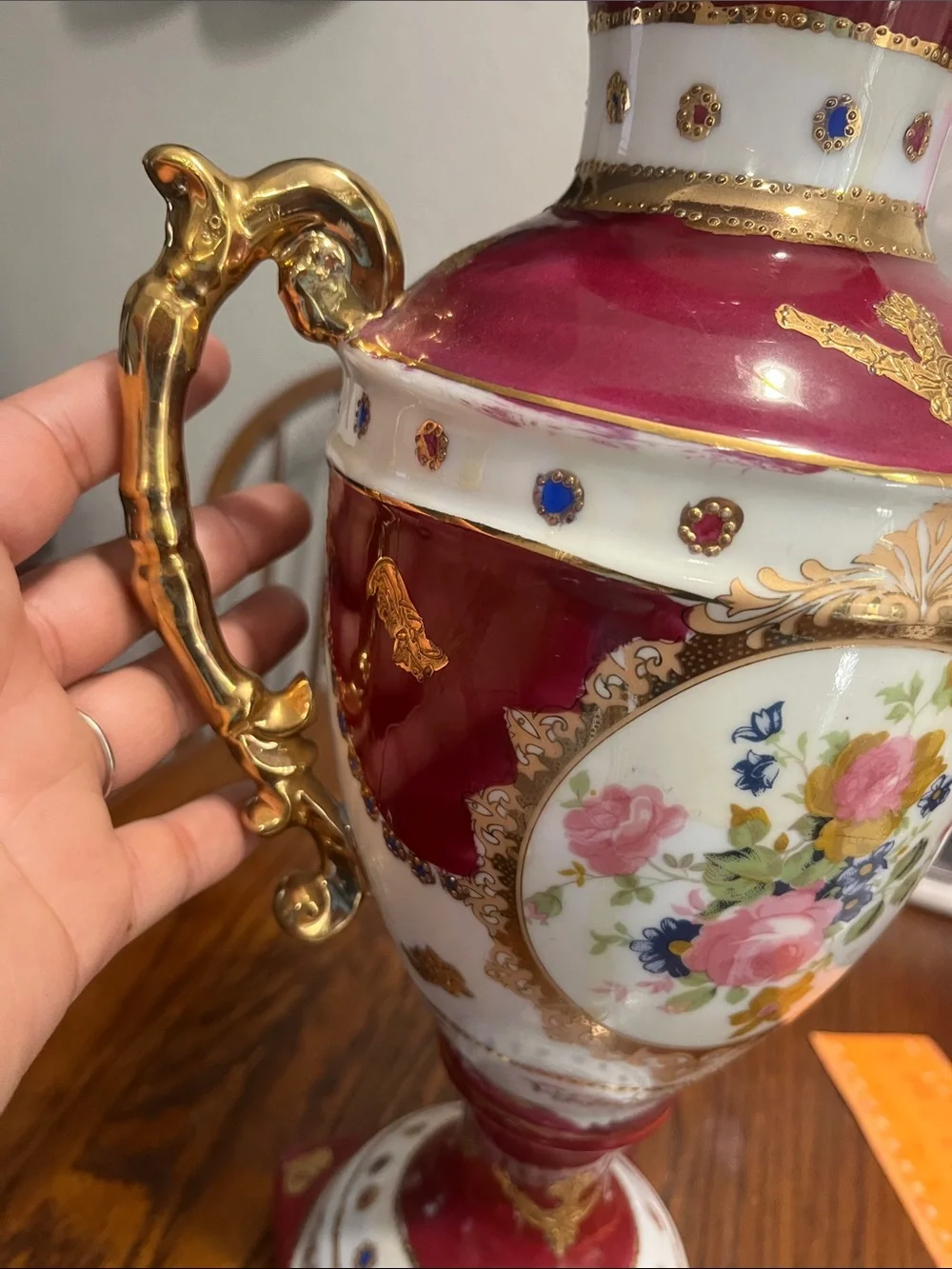 Vintage Red and Gold Porcelain Floral Vase - Picture 3 of 10